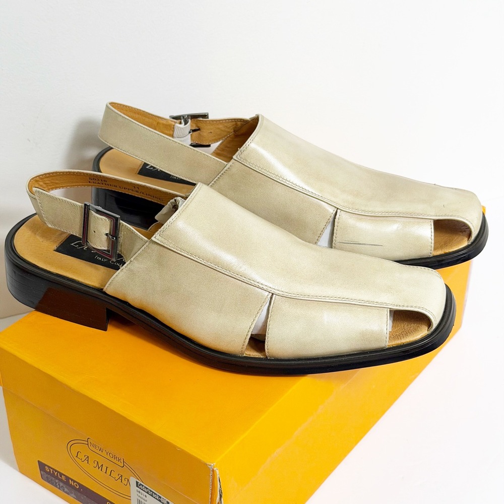 La Milano Sandals Men 11 Beige Leather Slingback Fisherman Square Toe S0310